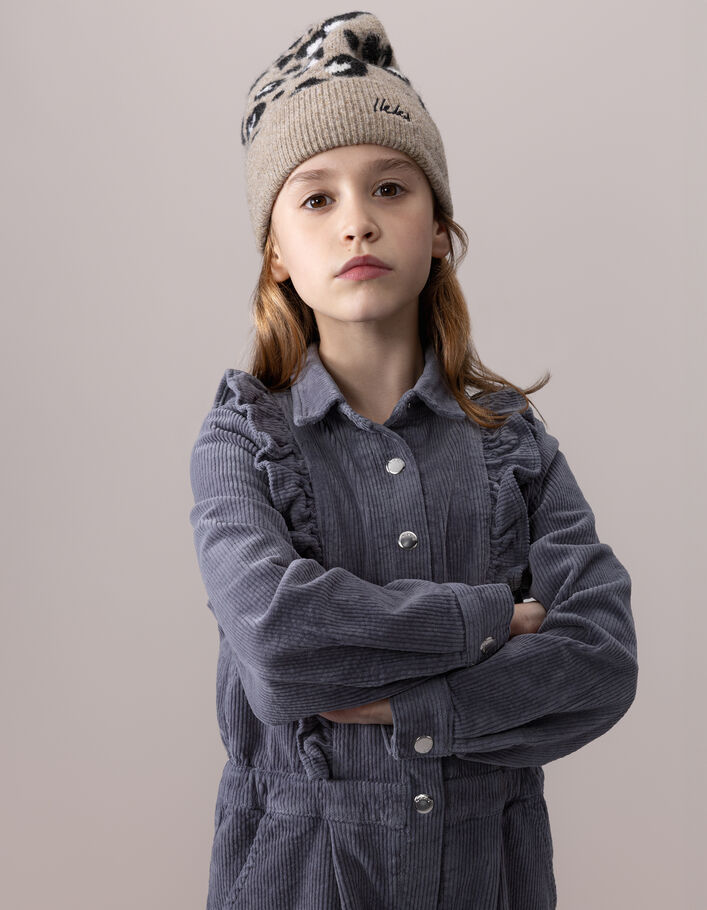 Bonnet beige tricot motif l&eacute;opard fille