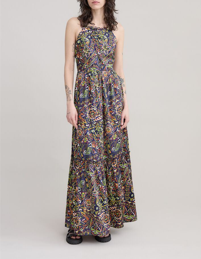 Robe bleue polyester recycl&eacute; graphique ethnique Femme