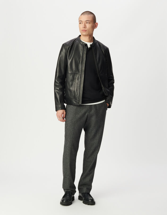 Blouson noir en cuir poches zipp&eacute;es Homme