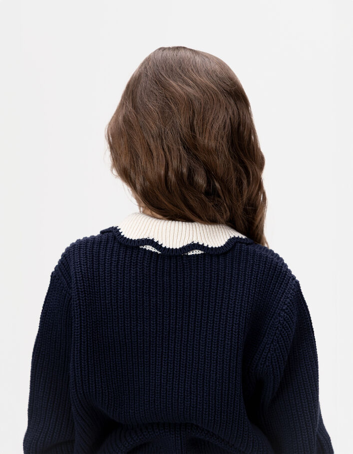 Pull marine tricot col &eacute;cru lettre sequins fille