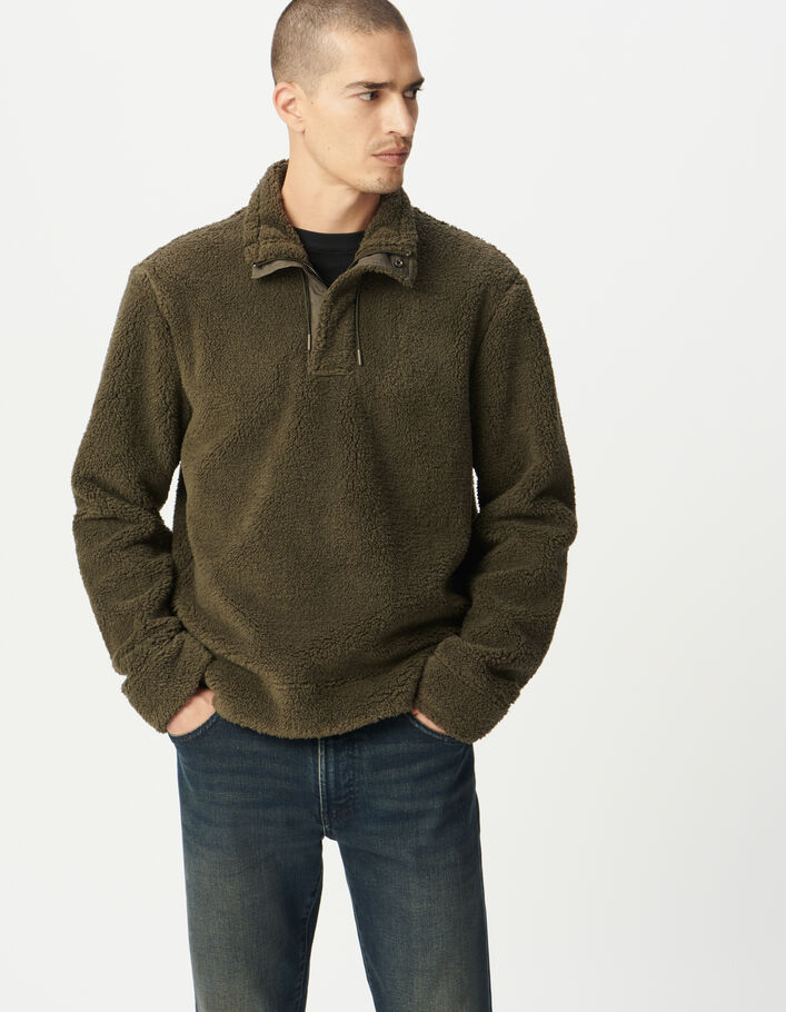 Sweat kaki maille sherpa col zipp&eacute; Homme