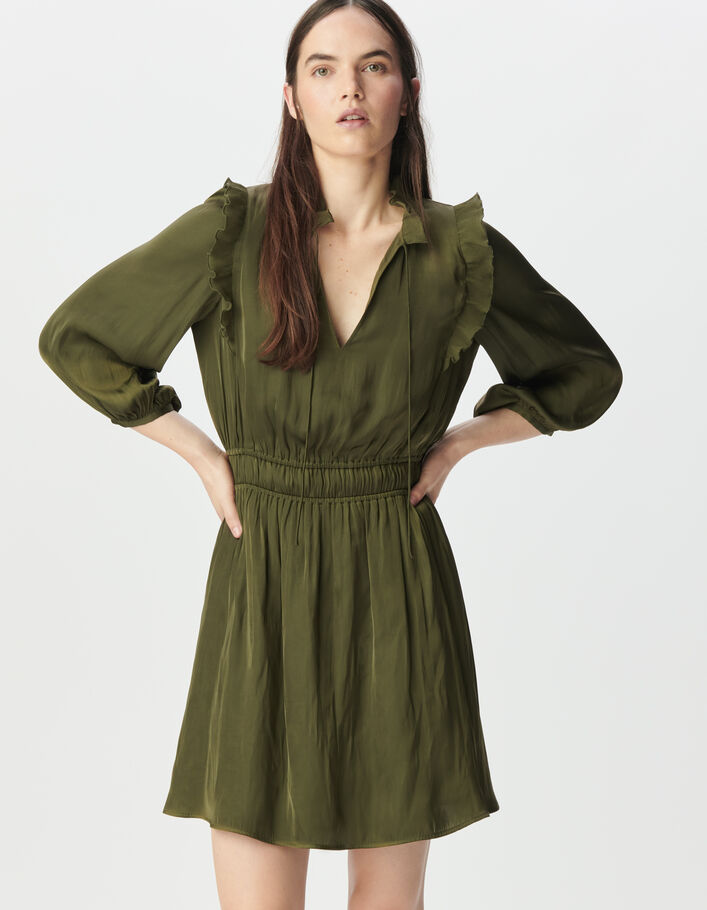 Robe kaki satin&eacute;e froiss&eacute;e volants pliss&eacute;s Femme