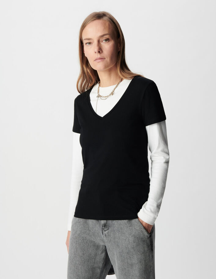 Tee-shirt encolure V noir broderie chevrons dos Femme