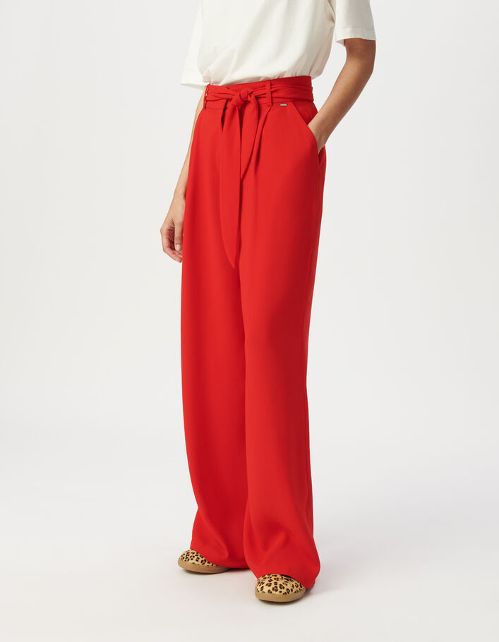 Pantalon de tailleur large rouge ceintur&eacute; Femme