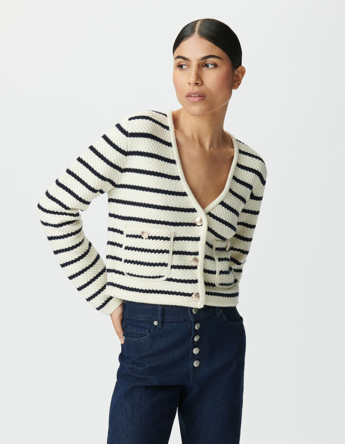 Cardigan marini&egrave;re tricot marine et blanc Femme