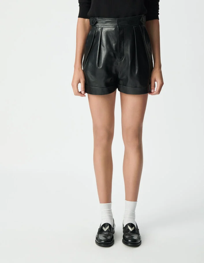 Short noir cuir &agrave; revers Femme