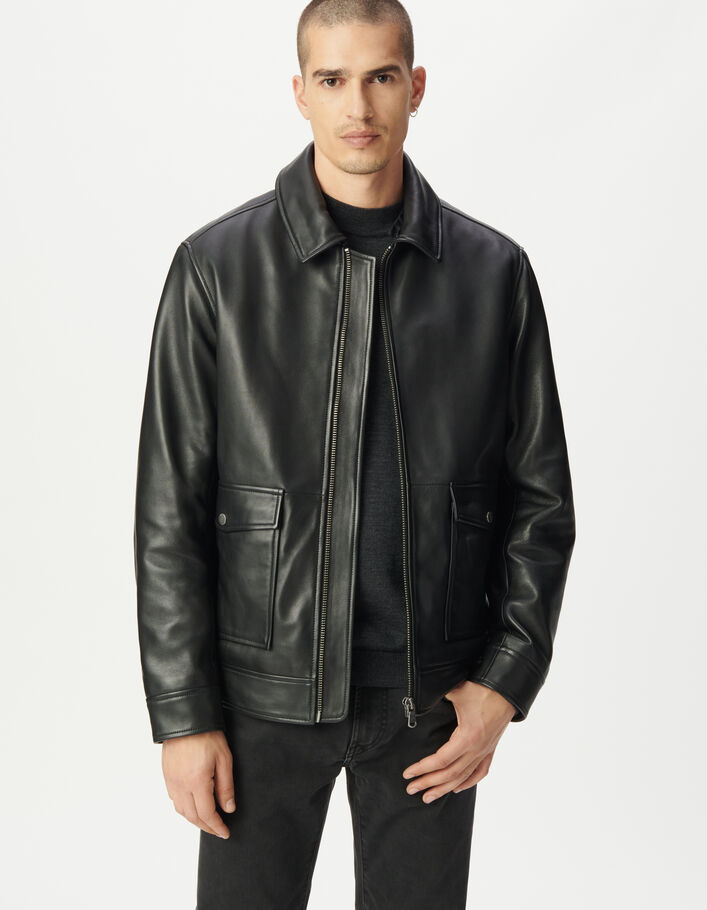 Blouson aviateur noir en cuir sherpa amovible Homme