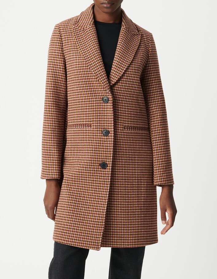 Manteau long rouge motif pied-de-poule Femme