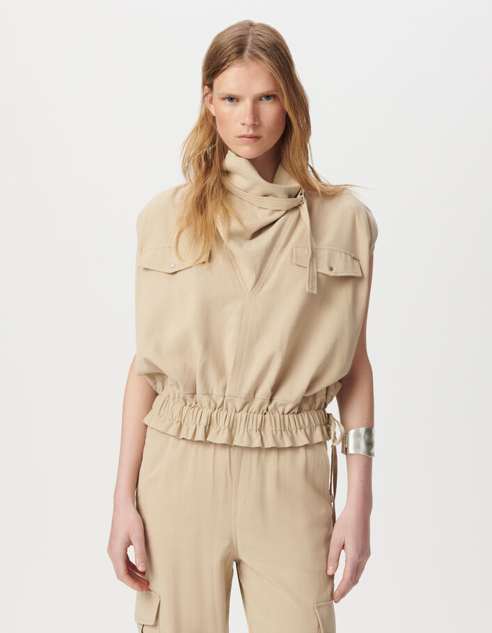 Top sans manches beige col montant bas &eacute;lastiqu&eacute; Femme