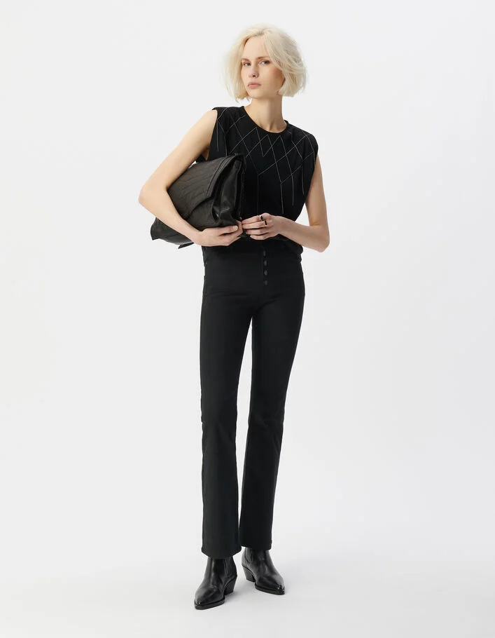 Tee-shirt &agrave; &eacute;paulettes noir d&eacute;cor micro-billes Femme