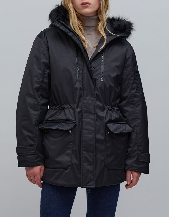 Parka noire enduit motif rayures Femme