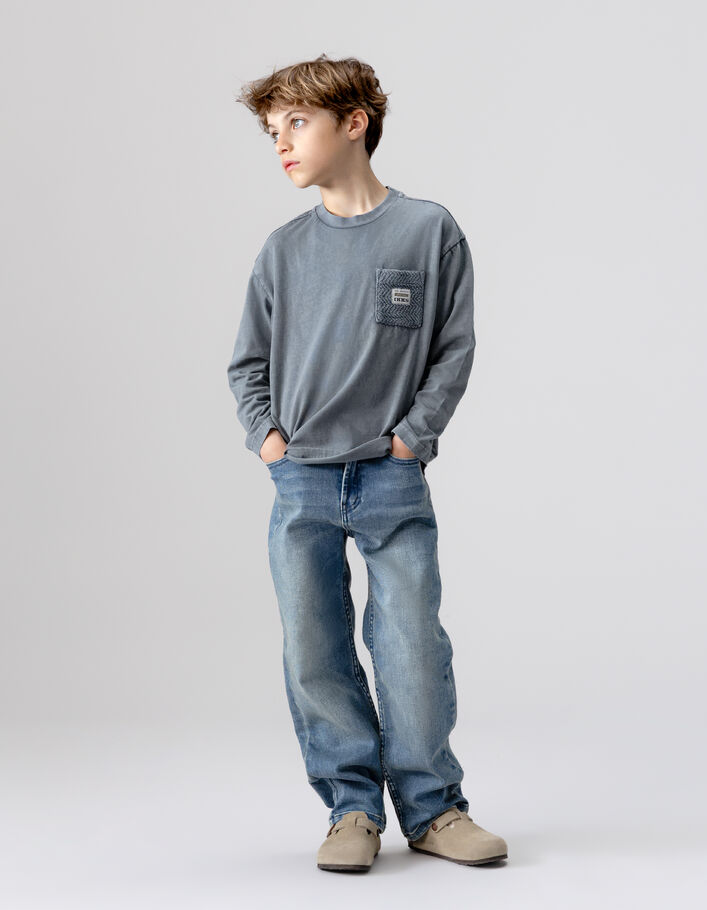 T-shirt manches longues bleu coton bio poche tricot gar&ccedil;on