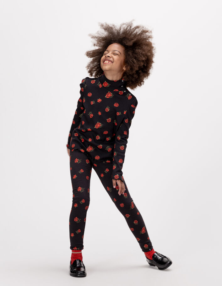 T-shirt manches longues noir c&ocirc;tel&eacute; imprim&eacute; roses fille