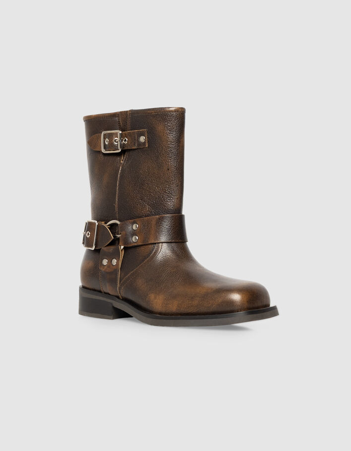 Boots marron cuir trois boucles esprit motard Femme