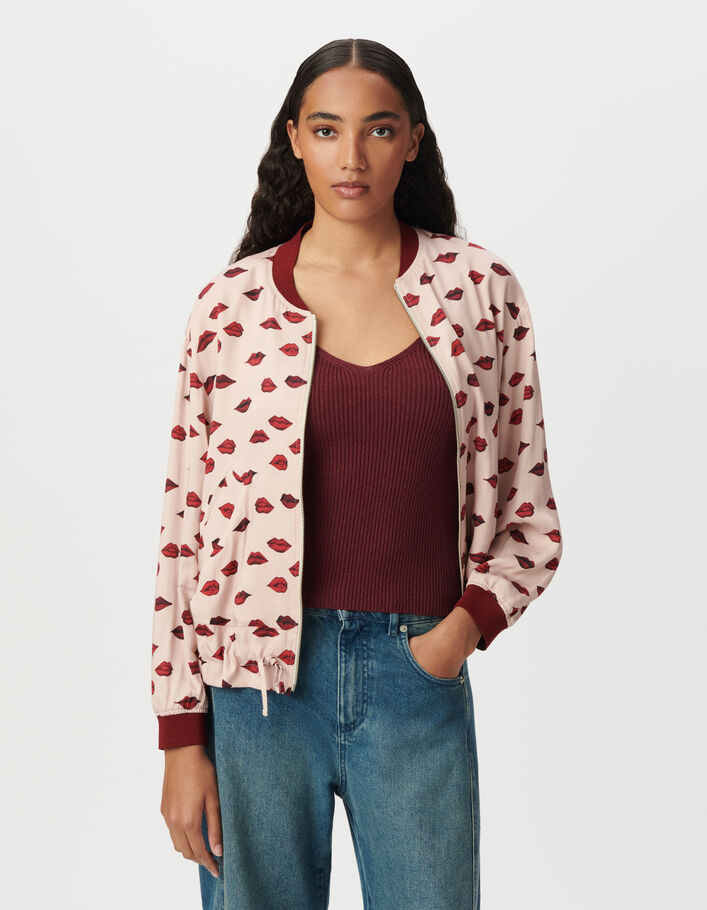 Blouson bomber rose satin&eacute; imprim&eacute; bouches Femme