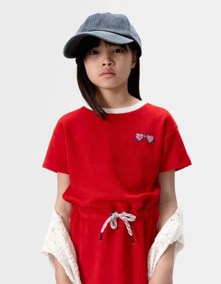 Robe rouge en &eacute;ponge cordons &agrave; la taille fille