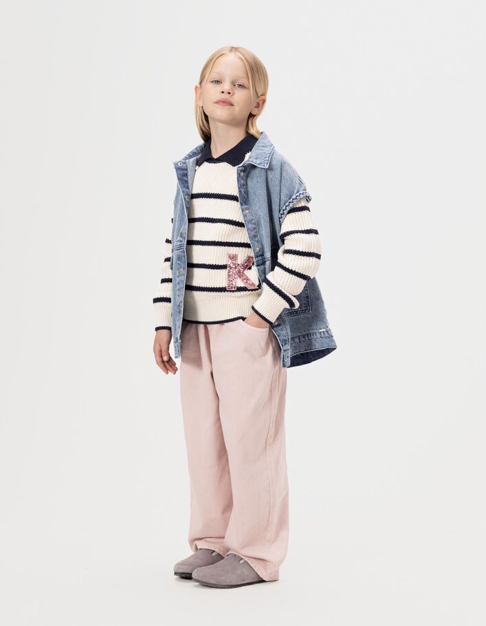 Pull &eacute;cru tricot col marine lettre sequins fille