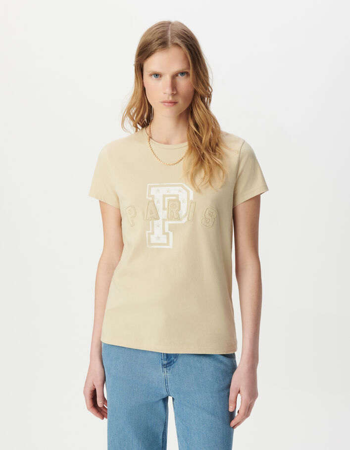 Tee-shirt beige message lettres brod&eacute;es Femme