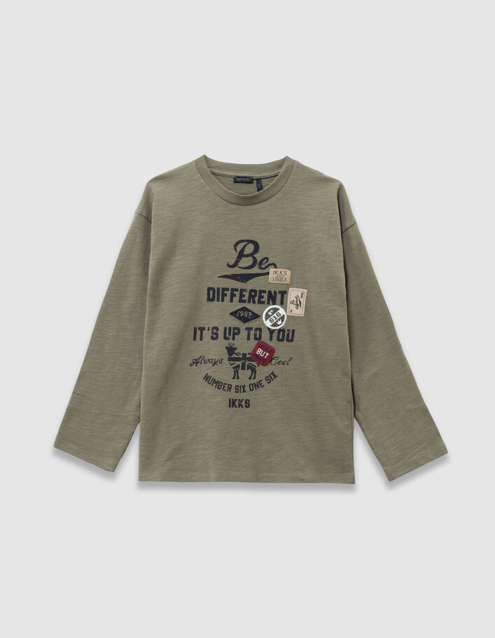 T-shirt kaki coton bio message et badges gar&ccedil;on