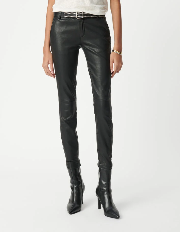 Pantalon cuir noir slim esprit motard Femme
