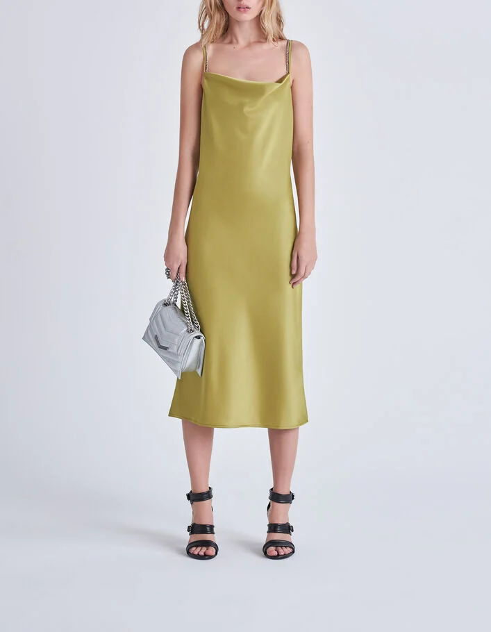 Robe longue verte satin&eacute;e fines bretelles Femme