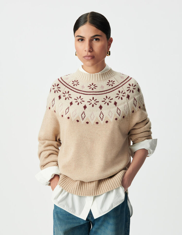 Pull beige tricot jacquard fantaisie Femme