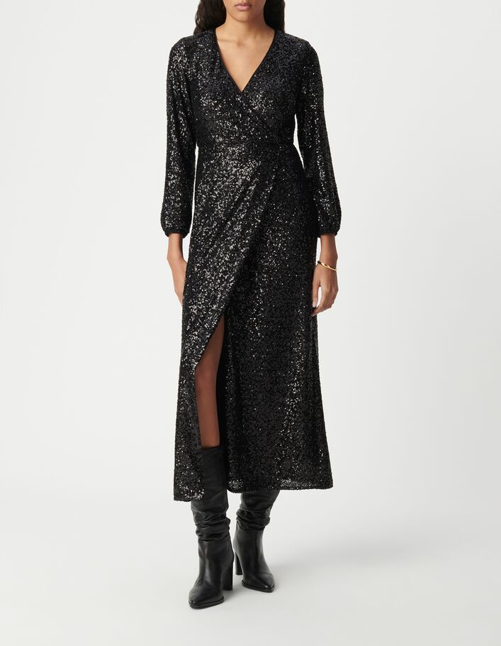 Robe longue noire portefeuille brod&eacute;e sequins Femme