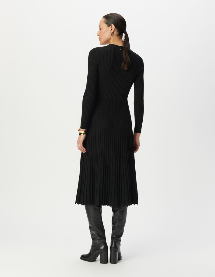Robe longue noire tricot effet pliss&eacute; Femme