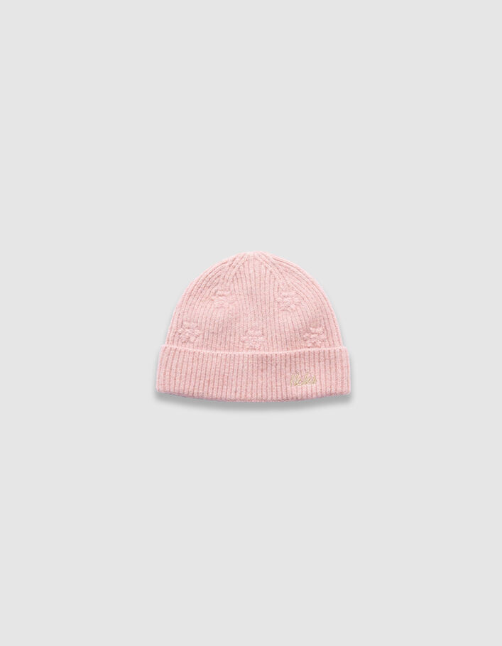Bonnet rose tricot paillet&eacute; brod&eacute; fleurs fille