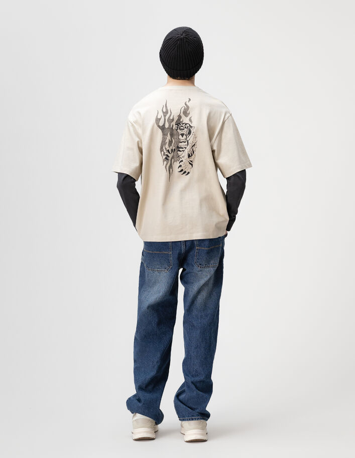 T-shirt beige coton bio manches trompe-l'oeil gar&ccedil;on