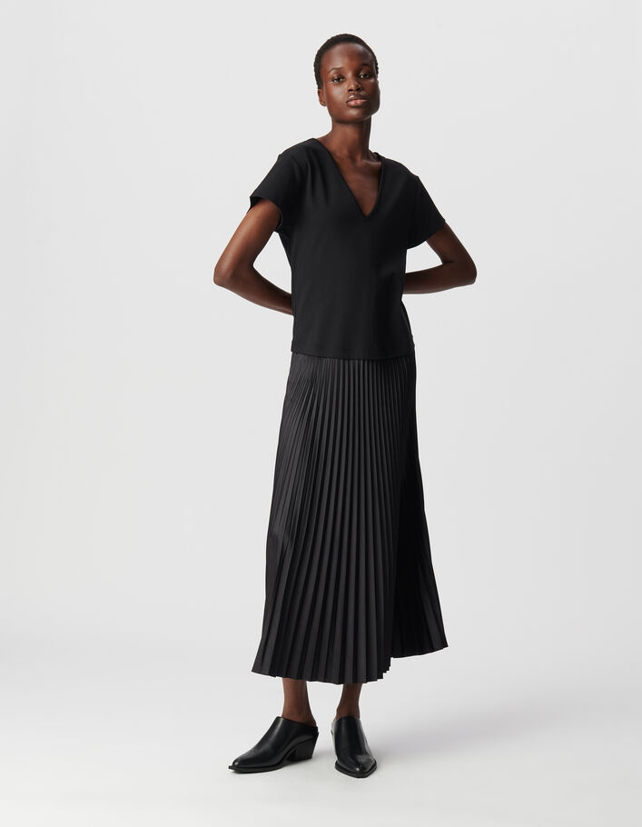 Robe longue noire bi-mati&egrave;re pliss&eacute;e Femme