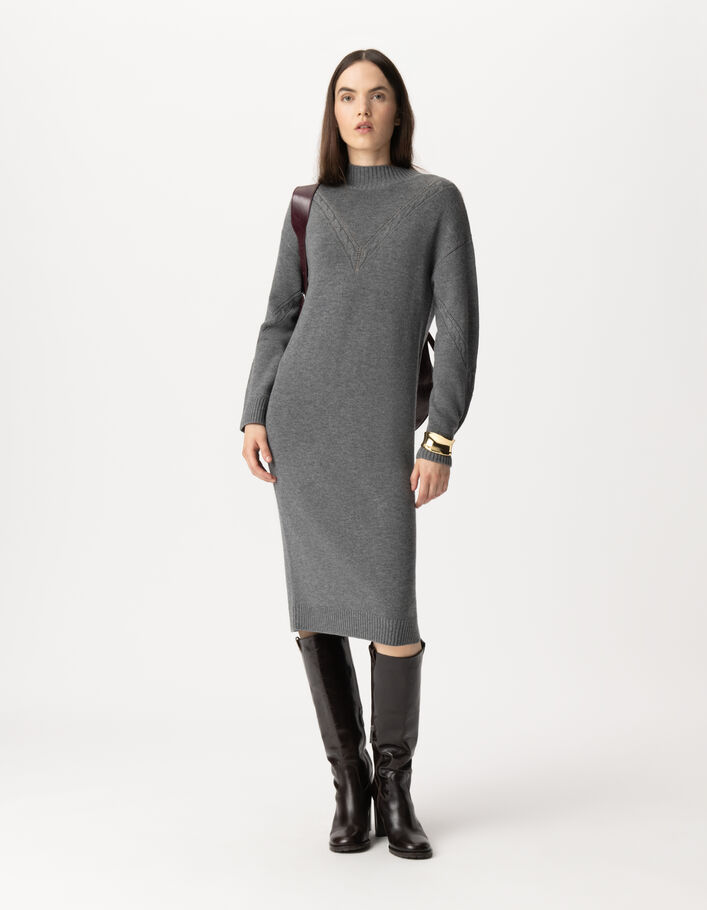 Robe pull grise tricot torsades plac&eacute;es Femme