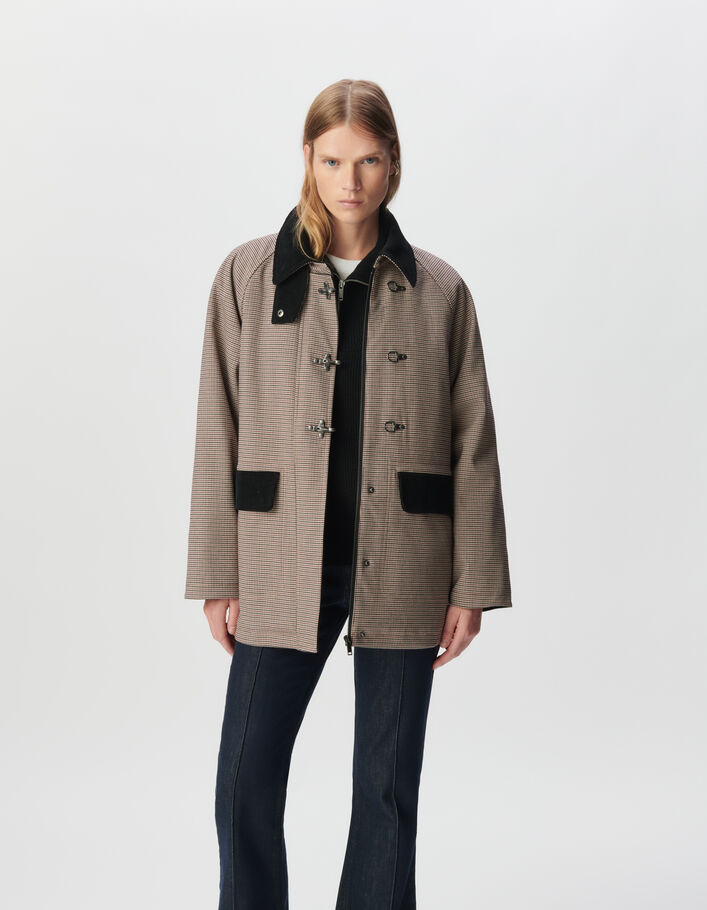 Parka bordeaux motif pied-de-poule et velours Femme