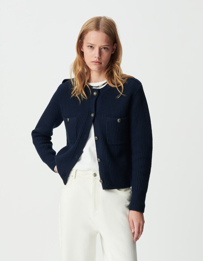 Cardigan court marine 100% laine c&ocirc;tel&eacute;e Femme