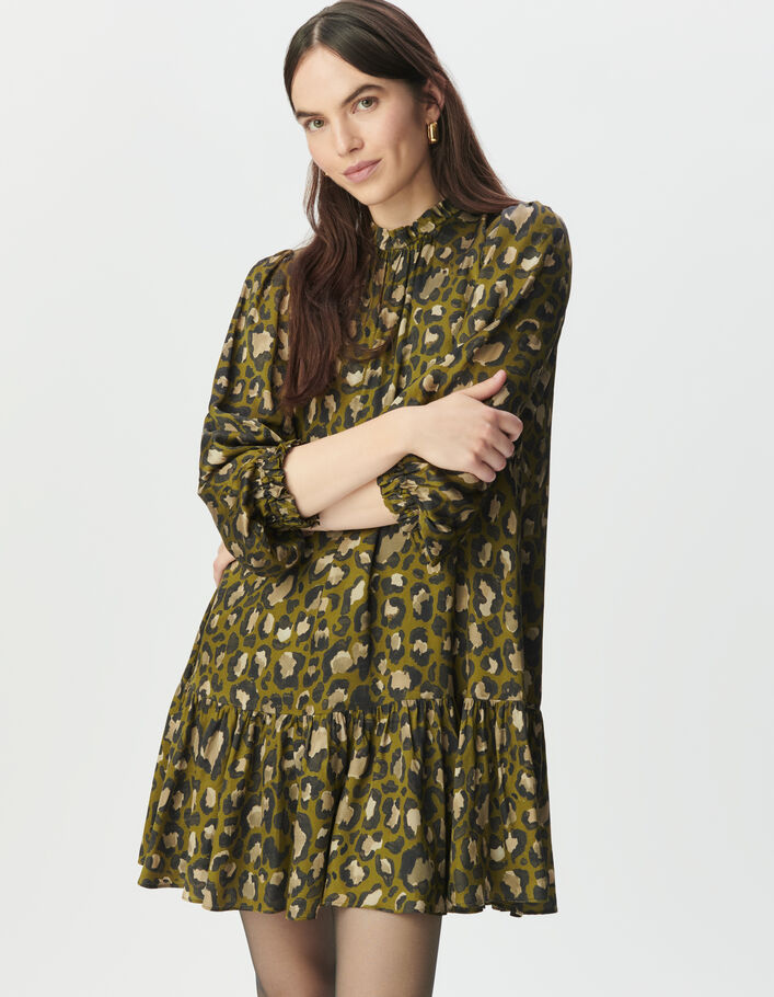 Robe ample kaki imprim&eacute; tachiste l&eacute;o Femme
