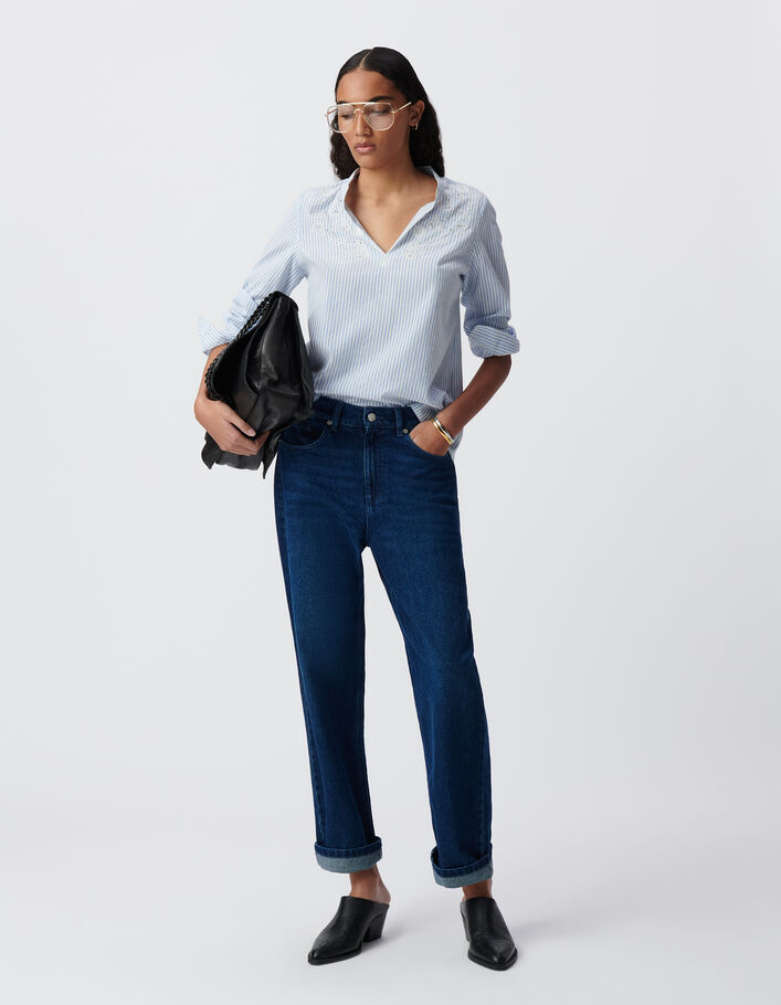 Blouse rayures bleu ciel plastron brod&eacute;