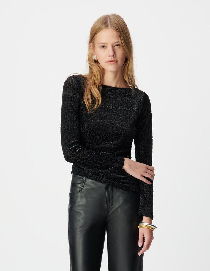 Tee-shirt noir velours motif l&eacute;opard Femme
