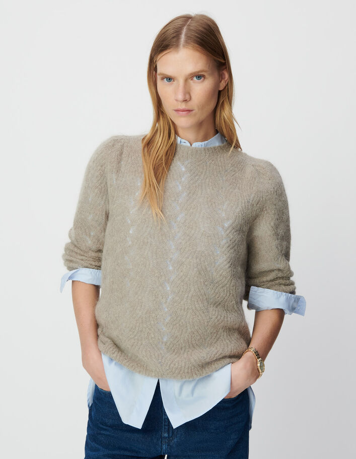 Pull beige tricot mohair m&eacute;lang&eacute; torsades fantaisie Femme