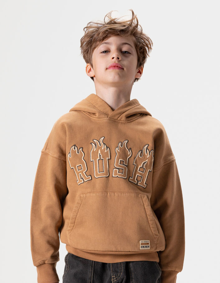 Sweat &agrave; capuche camel maxi message brod&eacute; gar&ccedil;on