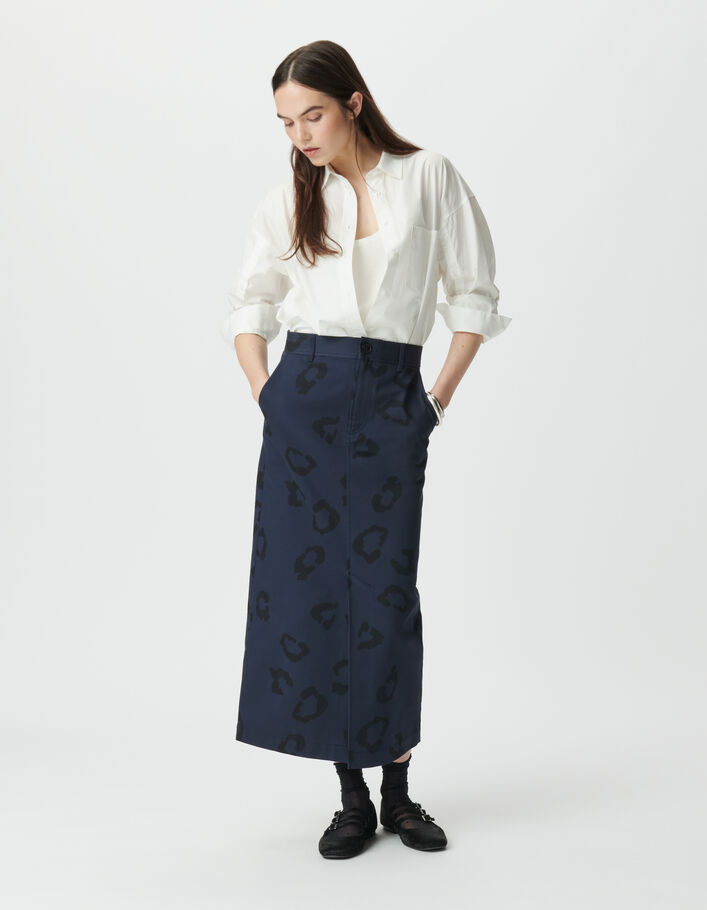 Jupe crayon longue marine imprim&eacute; jaguar Femme
