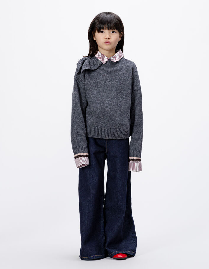 Pull gris tricot d&eacute;cor maxi noeud &eacute;paule fille