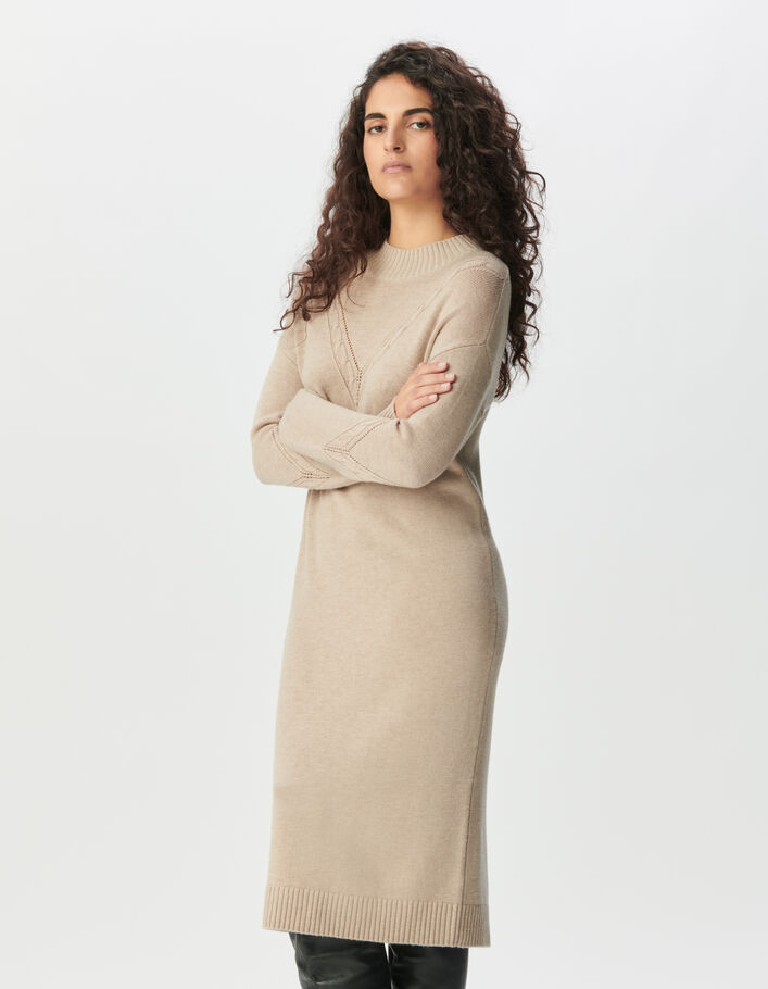 Robe pull beige tricot torsades plac&eacute;es Femme