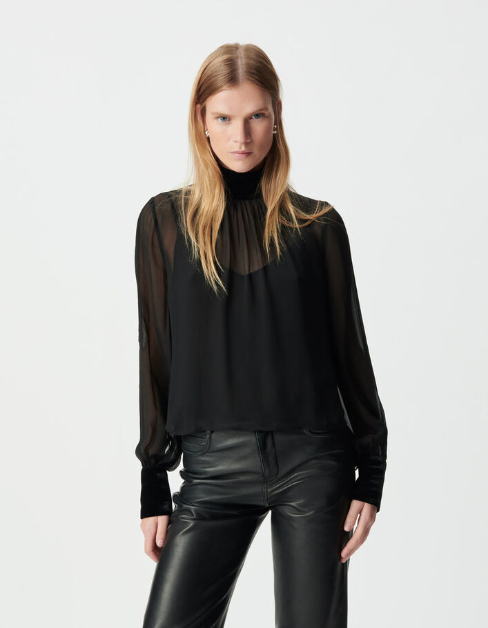 Blouse voile noire d&eacute;tails velours froiss&eacute; Femme