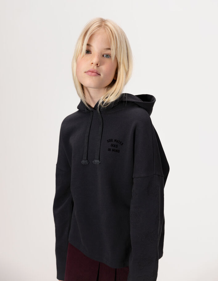 Sweat &agrave; capuche gris manches brod&eacute;es fille