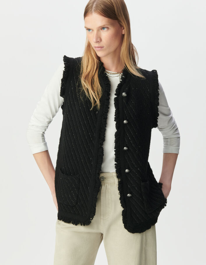 Cardigan sans manches noir tricot brod&eacute;s sequins Femme