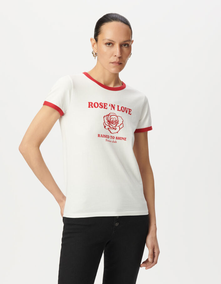 Tee-shirt blanc coton bio message et broderie rose Femme