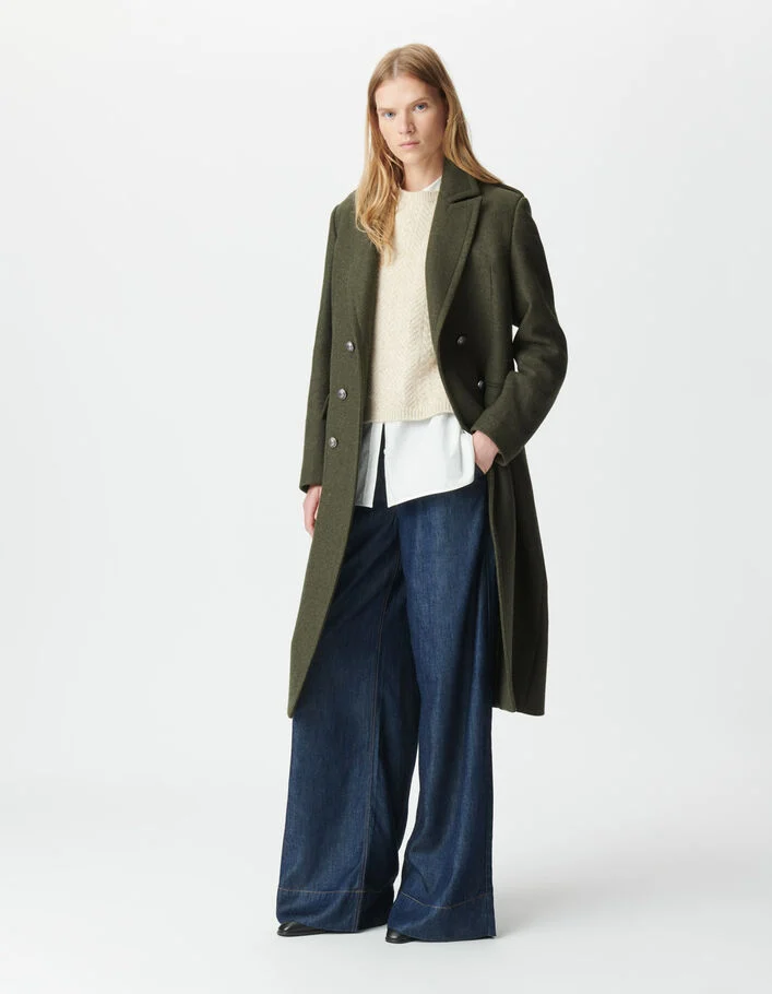 Manteau caban long kaki bouton grav&eacute;s Femme