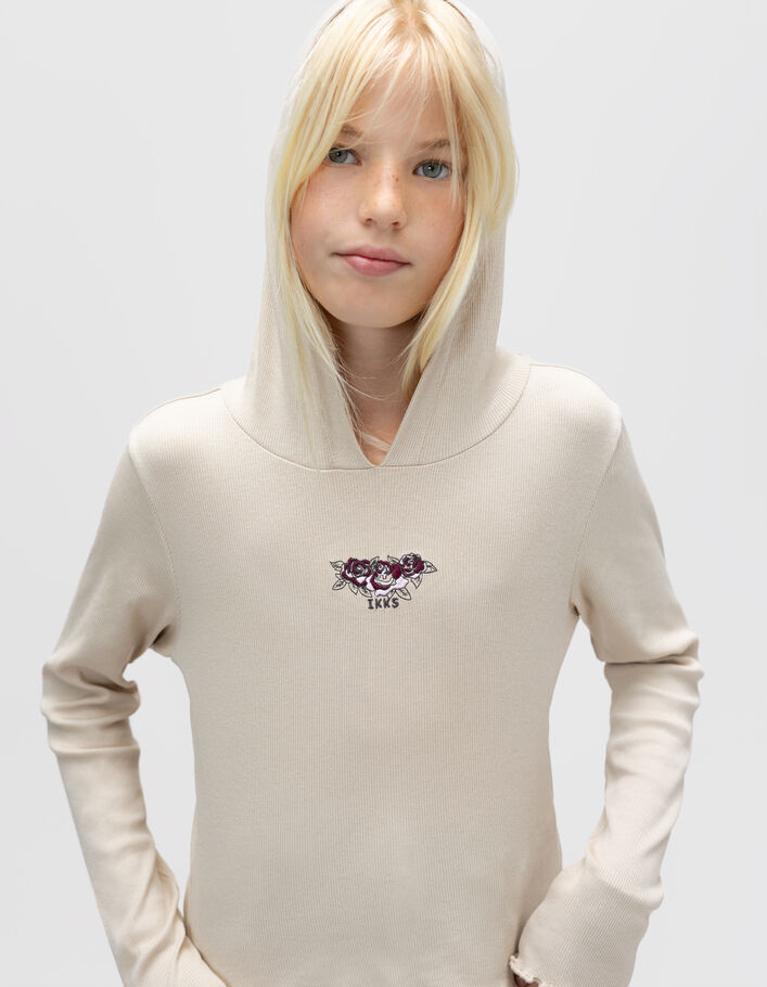 T-shirt &agrave; capuche beige c&ocirc;tel&eacute; broderie roses fille