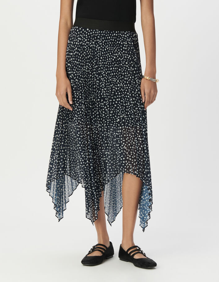 Jupe longue marine pliss&eacute;e imprim&eacute; pois Femme