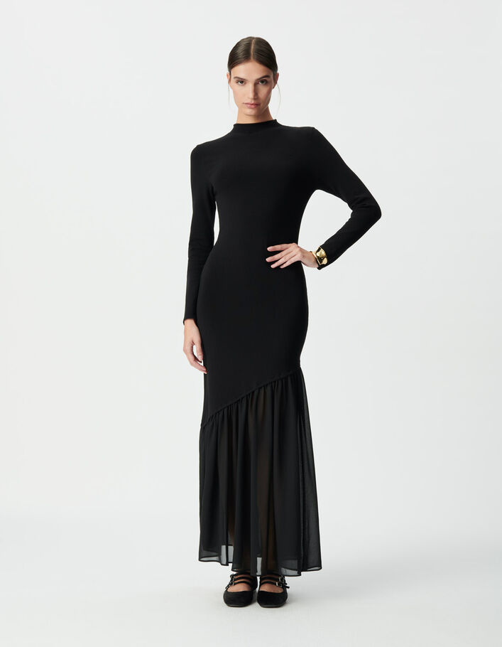 Robe longue noire bi-mati&egrave;re Femme